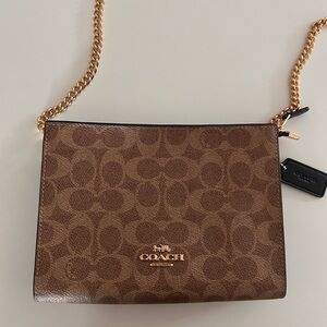 Coach Tan Signature Crossbody Bag with Gold Chain